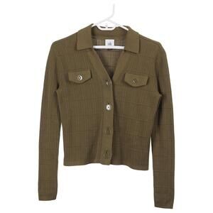CAbi 4470 Exec Cardigan XXS Green Button Front Cotton Blend Collared Sweater